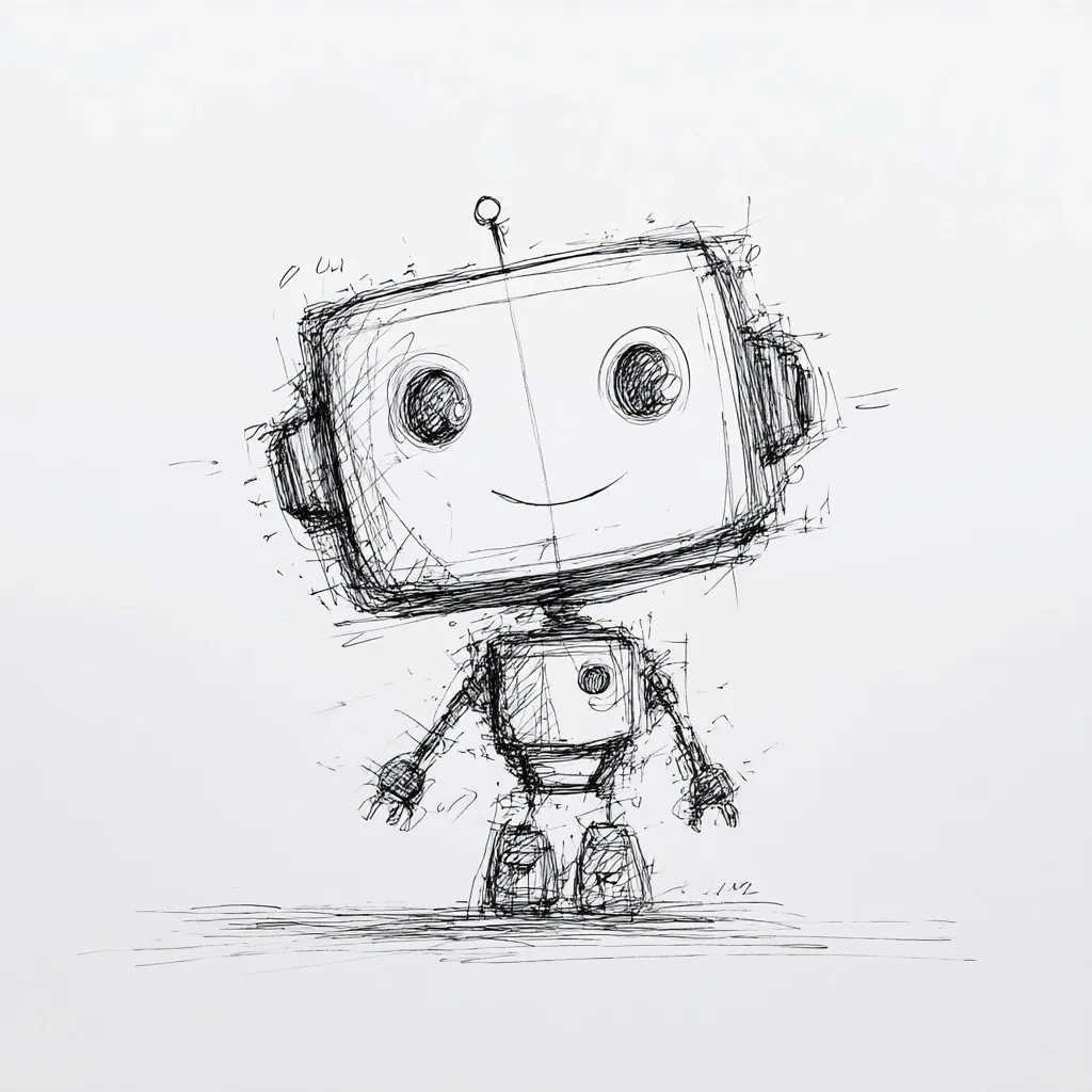 A charming sketch of a robot, rendered in pen and ink.  The robot possesses a boxy head with large, expressive eyes and a small smile. Its body is simply drawn, yet conveys a sense of personality.  The style is loose and sketchy, suggesting a quick but thoughtful creation. The robot has a small antenna atop its head, adding to its endearingly simplistic design.