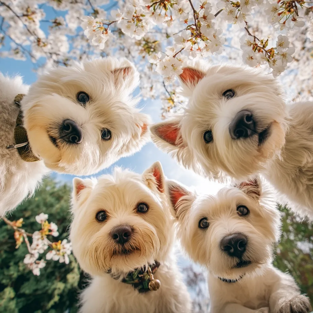 Four West Highland White Terriers look up at the camera, their fluffy faces close to the lens.  They are positioned in a circle under a blossoming cherry tree, branches filled with delicate white flowers framing the dogs.  The scene is bright and cheerful, emphasizing the dogs' adorable expressions.