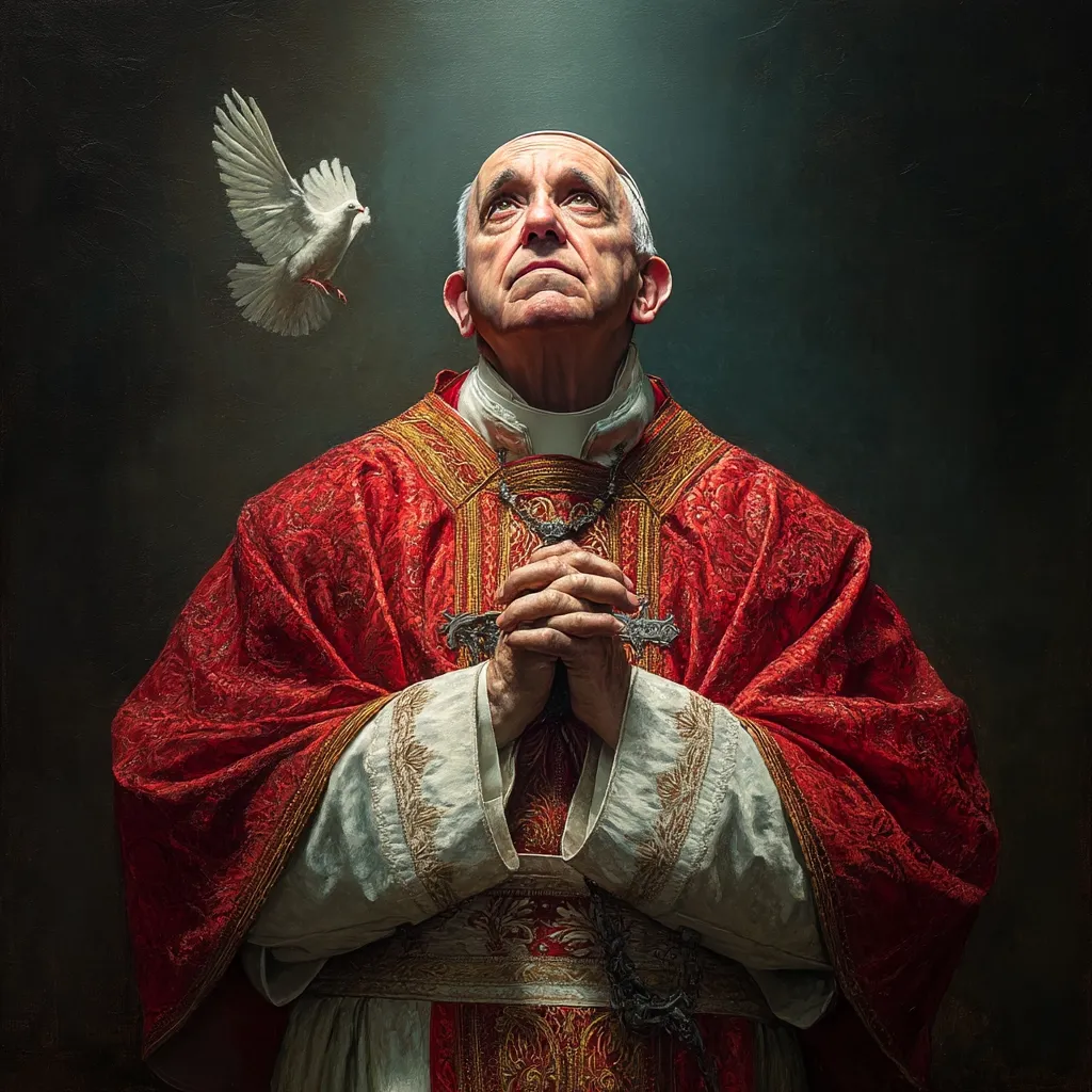 A portrait of Pope Francis, depicted in a prayerful pose with hands clasped and eyes looking upward. He is adorned in his traditional red papal vestments, richly detailed with gold embroidery.  A white dove, symbolic of the Holy Spirit, ascends behind him, bathed in a soft, ethereal light. The overall tone is somber and reverent, suggesting a moment of profound spiritual contemplation.