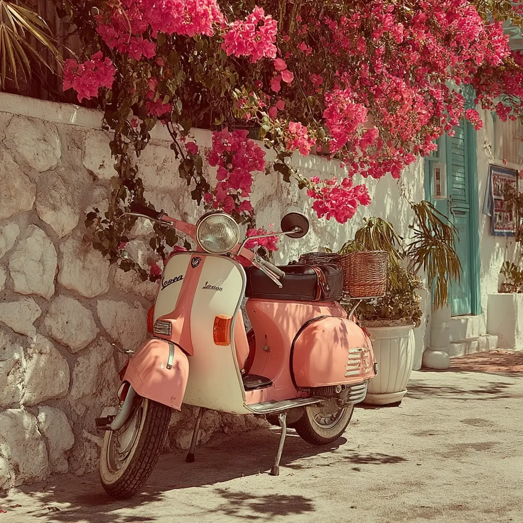 A pastel pink Vespa scooter is parked against a stone wall adorned with vibrant pink bougainvillea.  A wicker basket sits on the back.  The scene is idyllic, evoking a sense of summer in a Mediterranean village.  The scooter's vintage style and the flowering backdrop create a picturesque and charming image.