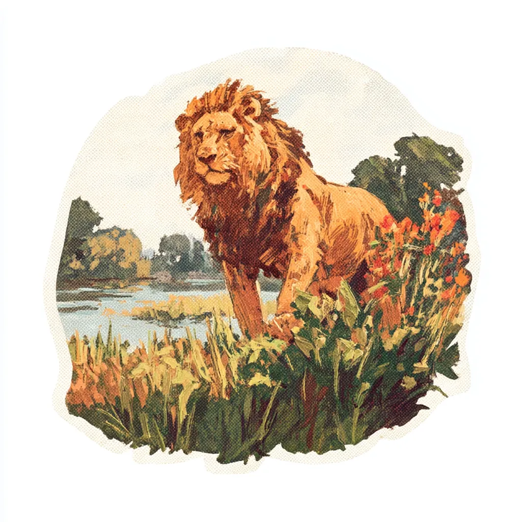 A majestic lion, its tawny mane windswept, stands amidst lush vegetation near a tranquil body of water.  The artwork, possibly a vintage illustration or painting, features a serene landscape with trees and flowering plants in the background.  The lion's powerful presence dominates the circular composition, evoking a sense of wild beauty and tranquility.