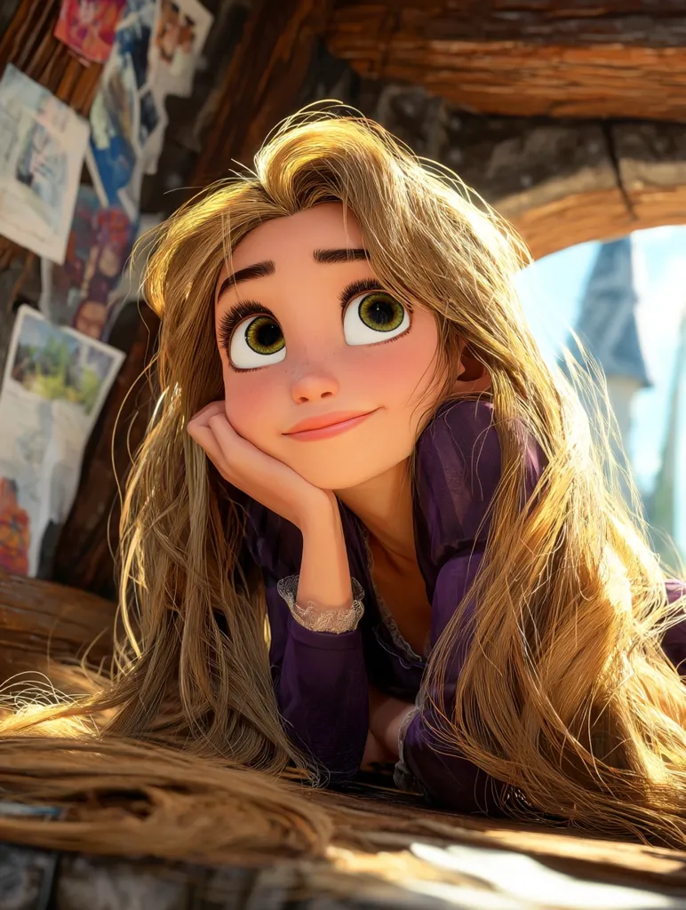 A stylized Rapunzel, from Disney's Tangled, rests her chin on her hands.  Her long, golden hair cascades around her as she gazes dreamily upward. She wears a purple dress and is positioned in a rustic, wooden setting, with glimpses of artwork visible in the background. The image showcases her large, expressive eyes and a serene, contemplative expression.  Sunlight illuminates her hair, creating a warm, enchanting atmosphere.
