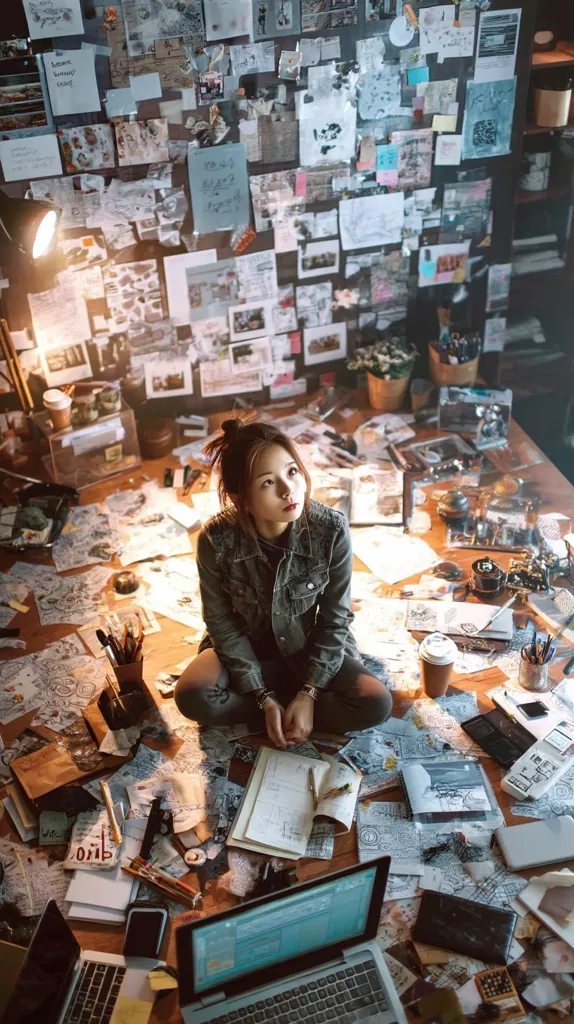 A young woman sits amidst a chaotic yet organized collection of papers, sketches, and digital devices.  Surrounding her is a wall covered in a vibrant collage of notes, images, and mementos. She appears focused on a notebook in her lap, suggesting a creative or investigative process. The overall scene conveys a sense of artistic energy and immersion in a project.  The room is dimly lit, highlighting the details of her workspace.