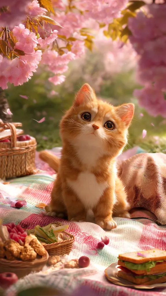 An adorable ginger kitten with big, expressive eyes sits on a checkered picnic blanket beneath a blossoming cherry tree.  Pink petals fall gently around it.  A wicker basket filled with fruit sits nearby, along with various picnic treats, including nuts and a delicious-looking sandwich. The scene is idyllic and charming, evoking a feeling of springtime peace and tranquility.