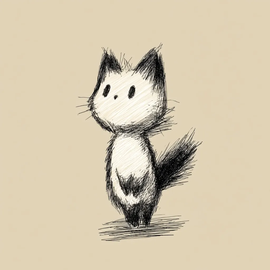 A charming sketch of a stylized cat, rendered in black and white against a beige background.  The cat has large, expressive eyes and a fluffy, somewhat scruffy appearance. Its tail is dark and bushy, contrasting with its lighter body. The drawing style is simplistic yet evocative, suggesting a sense of innocence and curiosity.  The overall feel is whimsical and endearing.