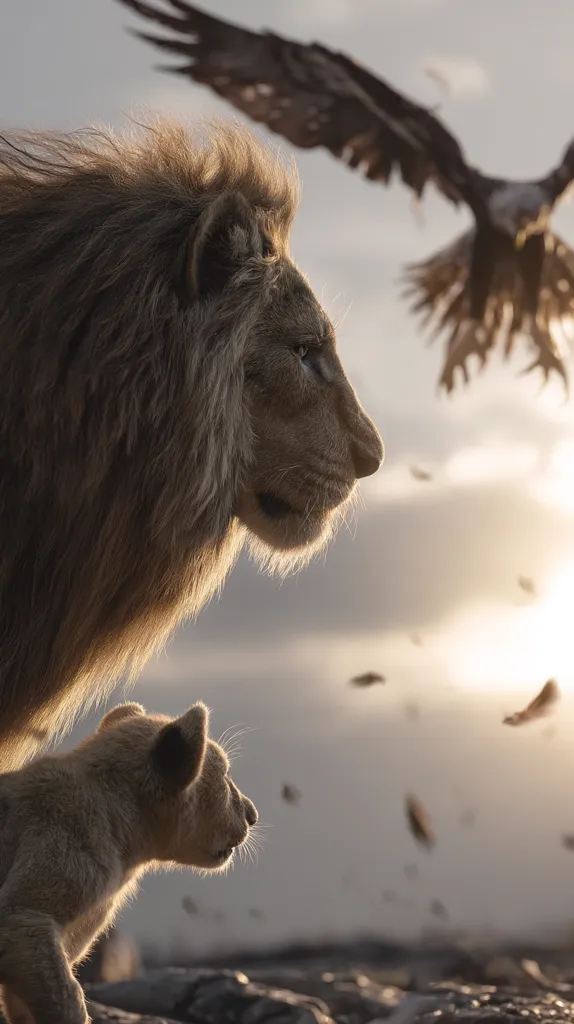 A majestic male lion and a young cub stand silhouetted against a vibrant sunset.  An eagle soars overhead, its wings spread wide.  Dust motes dance in the golden light, creating a serene yet powerful scene evoking themes of family, legacy, and the circle of life. The image's warm tones and dramatic lighting enhance the wild beauty of the African savanna.