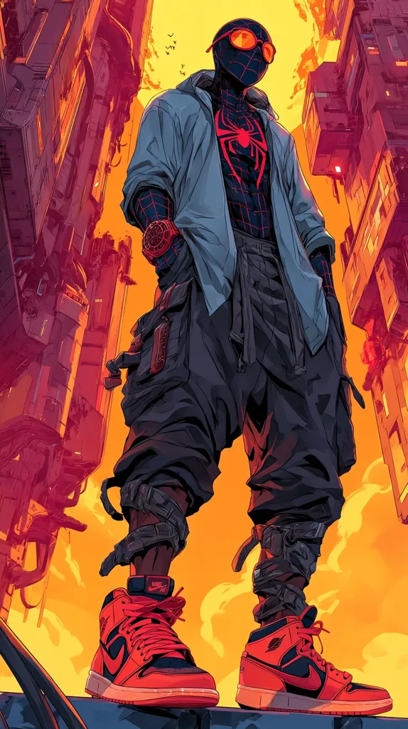 A stylized illustration of Miles Morales, Spider-Man, in modern streetwear. He's depicted in a black and red suit, wearing an oversized light blue shirt, cargo pants, and orange Nike Air Jordan sneakers. The background features a futuristic cityscape in warm, vibrant colors, creating a dynamic and energetic scene.  The overall style is a blend of comic book art and street fashion aesthetics.