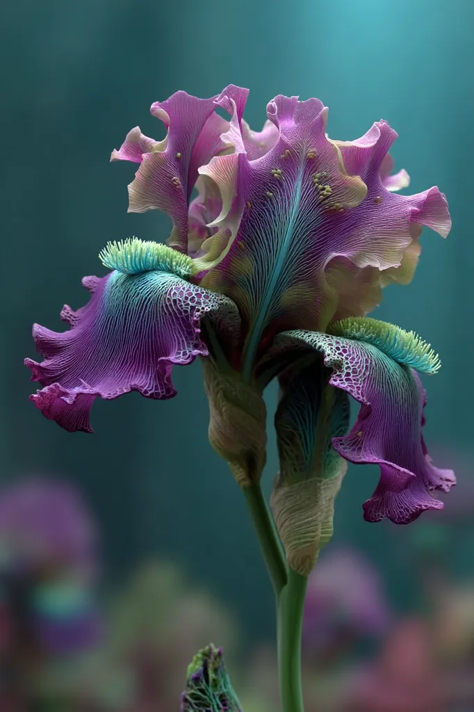 A striking close-up reveals a vibrant iris, its petals a captivating blend of deep purple and teal.  Intricate veining and textured edges add depth to the flower's form.  The background is a soft, blurred teal, drawing focus to the exquisite detail of the iris.  The image evokes a sense of both ethereal beauty and botanical precision.