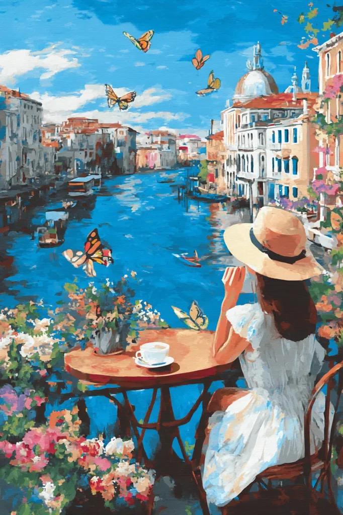 A woman in a white dress and straw hat sits at a cafe table overlooking a Venetian canal.  Vibrant flowers adorn the table and balcony.  Butterflies flutter in the sunny sky above the picturesque cityscape with colorful buildings lining the waterway.  The scene evokes a sense of serenity and romantic charm.
