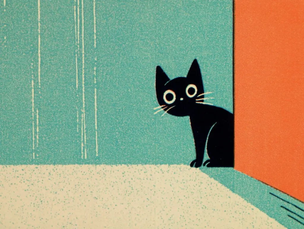A stylized illustration depicts a black cat peeking from behind an orange wall.  The cat has large, expressive eyes. The background is a teal wall with subtle vertical lines and a beige floor.  The overall style is minimalist and retro, with a slightly textured effect. The image evokes a sense of curiosity and playfulness.