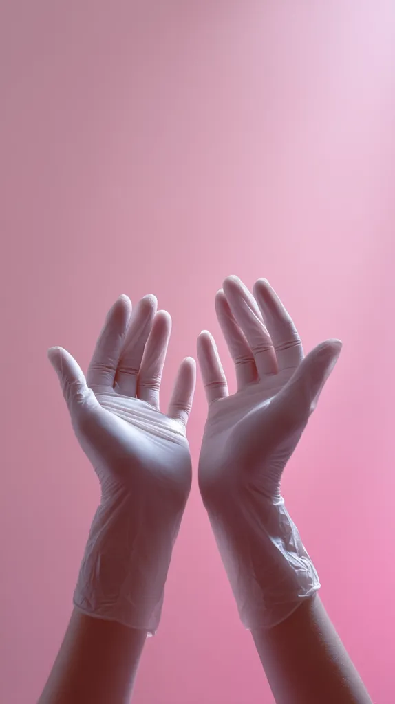 Two hands wearing white disposable gloves are raised against a pale pink background.  The palms face upward, fingers slightly spread. The image is softly lit, creating a gentle, almost ethereal feel. The focus is on the hands and their gesture, which suggests prayer, supplication, or offering.