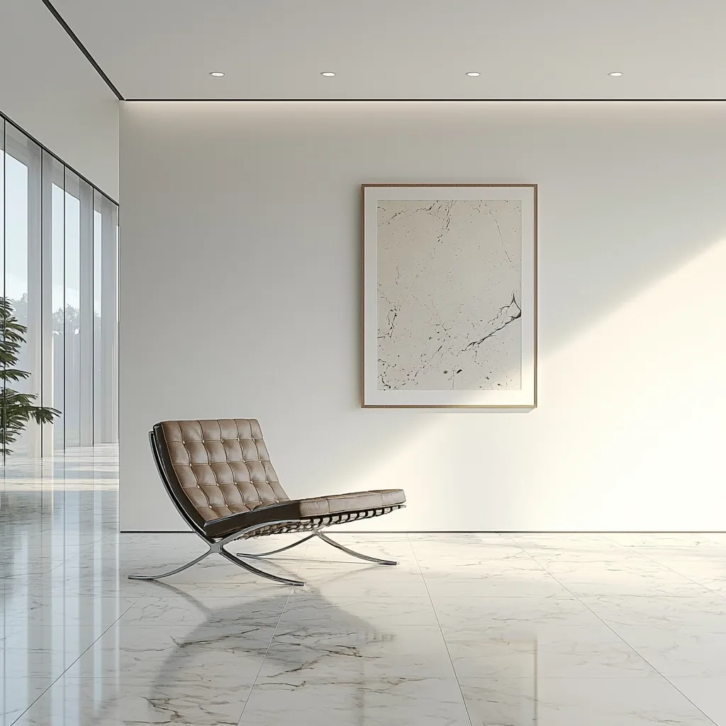 A minimalist interior features a brown leather lounge chair with a chrome frame, positioned on a polished marble floor.  Sunlight streams into the room from large windows, illuminating the space.  A framed abstract artwork hangs on the white wall, completing the clean, modern aesthetic. The overall feel is serene and sophisticated.