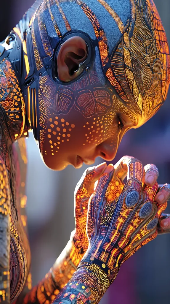 A close-up image reveals a cyborg-like figure, its head and hands adorned with intricate, glowing patterns.  The design blends organic and technological elements, creating a striking visual effect.  The figure's head is partially obscured, its gaze cast downward as its hands are clasped together in a gesture of contemplation or prayer. The lighting highlights the texture and detail of the intricate designs.