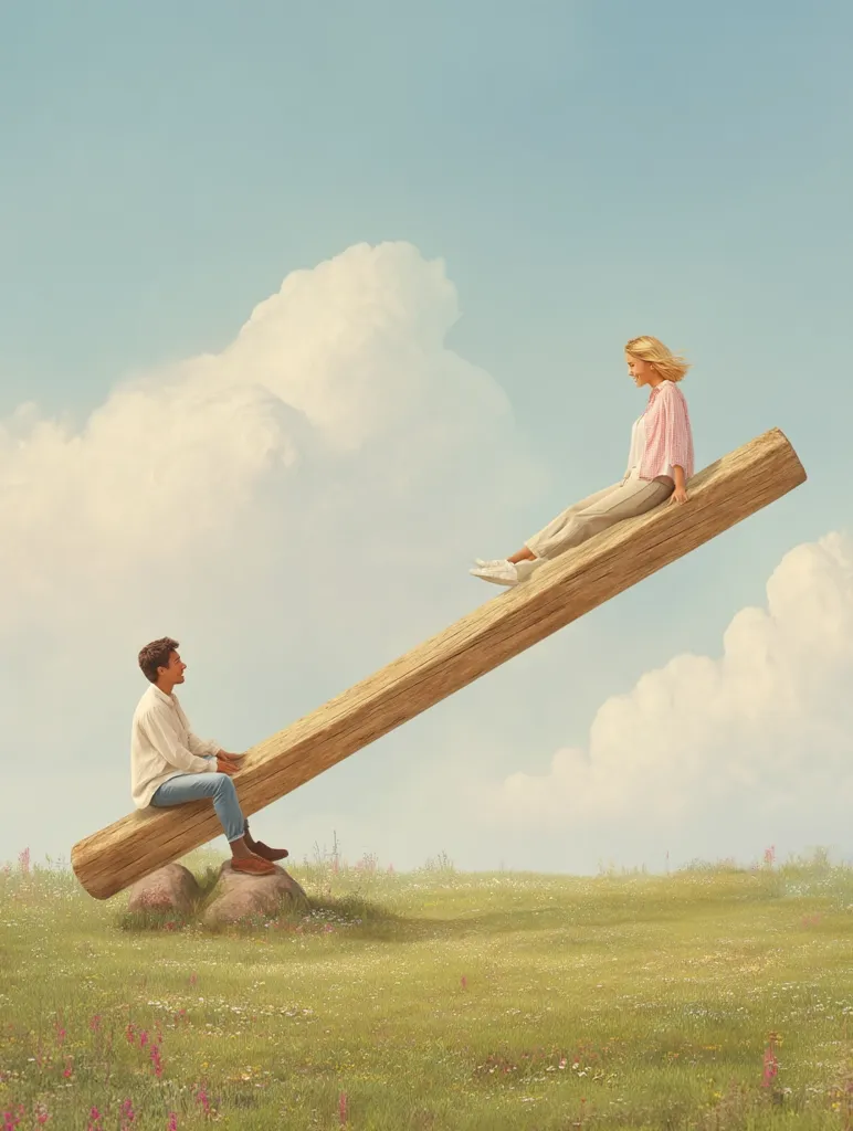 A man and woman sit on opposite ends of a large, horizontal log acting as a seesaw.  The log is elevated at an angle, with the woman higher than the man. They are positioned against a backdrop of a bright, dreamy sky and a gently rolling, flower-filled meadow. The scene evokes a sense of balance, perhaps suggesting a relationship or opposing forces. The overall aesthetic is surreal and peaceful.