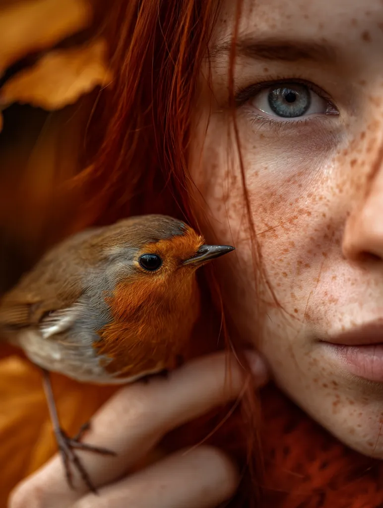 Close-up portrait of a young woman with vibrant red hair and freckles, gently holding a European robin. The woman's eye is striking, and the bird's plumage contrasts beautifully against her skin. Autumnal foliage is subtly visible in the background, creating a harmonious blend of nature and portraiture. The image evokes a sense of calm and connection between humanity and wildlife.