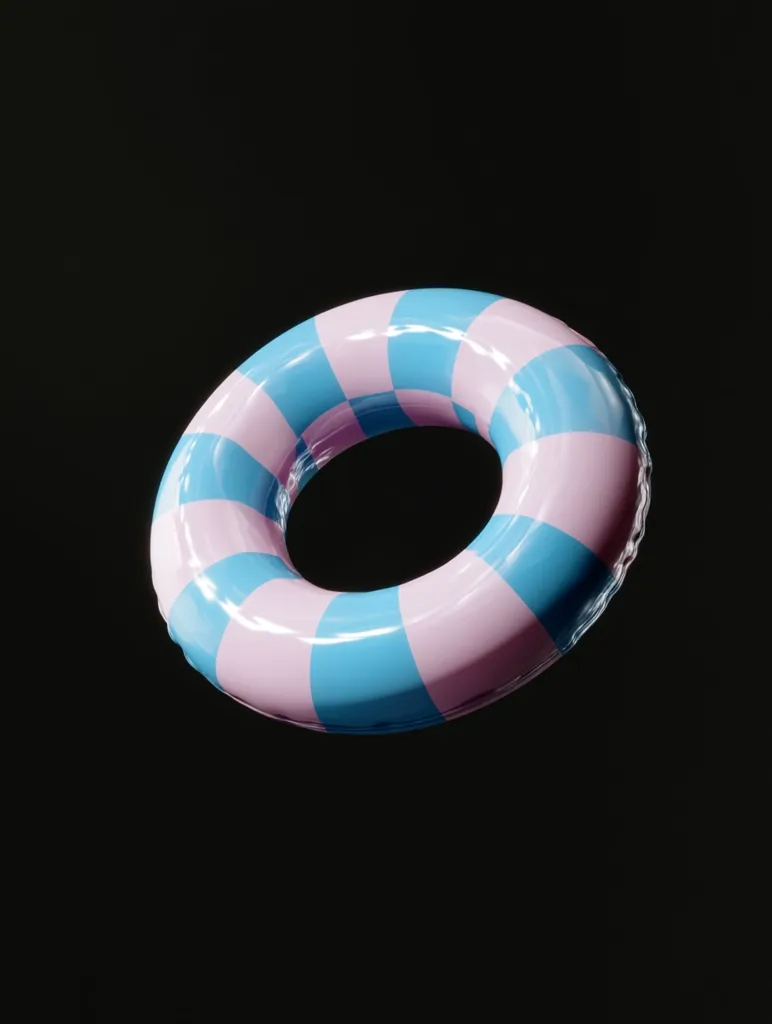 A pastel pink and blue striped inflatable ring floats against a black background.  The ring is glossy and appears to be made of vinyl. The image is simple and minimalist, focusing on the vibrant colors and smooth curves of the inflatable.  It evokes a feeling of summer and relaxation.
