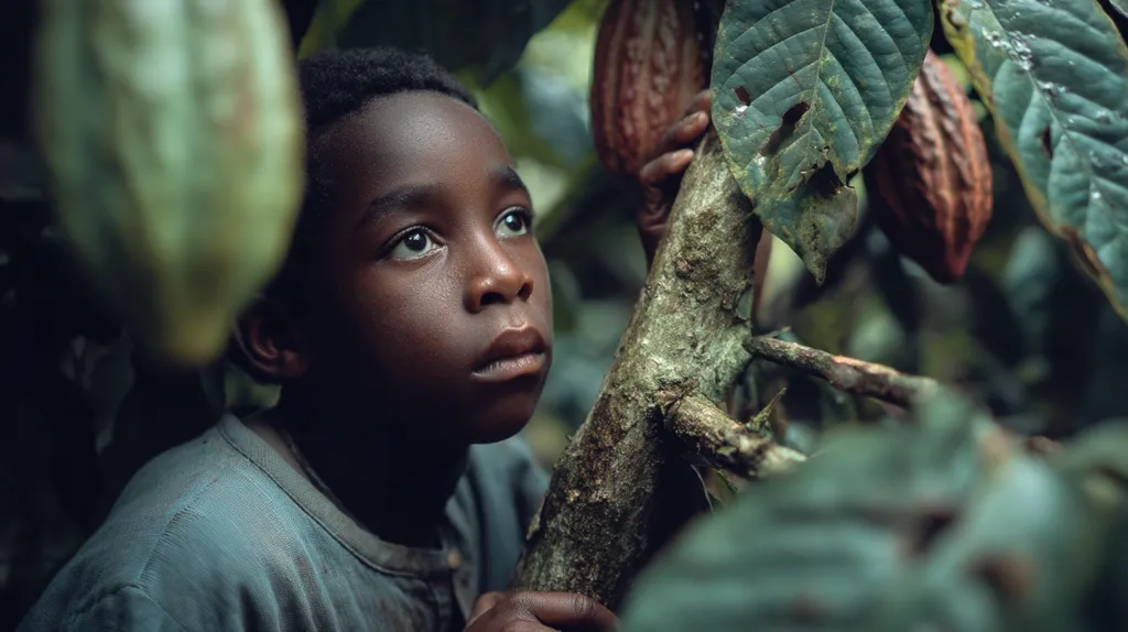 A young boy with dark skin gazes upward, partially hidden amongst the lush green leaves and brown pods of a cocoa tree. His expression is contemplative, and his hand gently grasps a branch. The image evokes a sense of mystery and the potential connection between the child and the natural world surrounding him. The overall mood is somber and reflective.