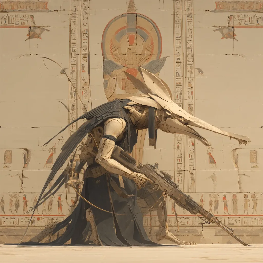 A robotic creature, resembling an avian with a long beak and wings, kneels before a wall adorned with ancient Egyptian hieroglyphs and imagery.  The robot, pale and seemingly constructed of bone or metal, carries a large rifle.  The scene contrasts futuristic technology with classical Egyptian art, creating a surreal and intriguing juxtaposition.  The overall palette is muted earth tones.