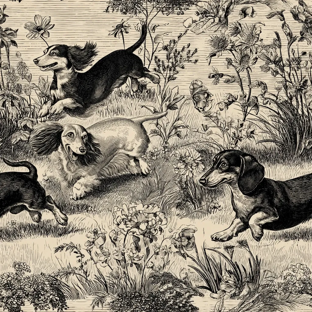 A black and white illustration depicts three dachshunds frolicking amidst a vibrant field of wildflowers.  The dogs are depicted in various poses, some running, some appearing more relaxed.  The detailed linework showcases the texture of the grass and the delicate features of the flowers, creating a lively and charming scene. The overall style is reminiscent of vintage botanical prints.