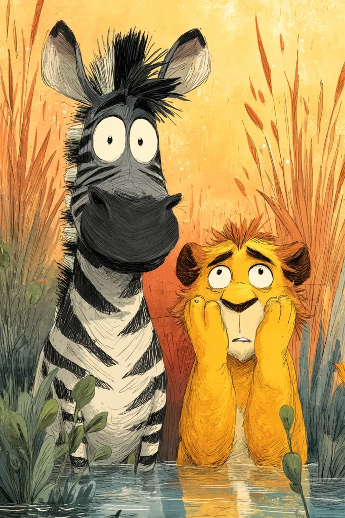 A whimsical illustration depicts a wide-eyed zebra and a worried lion cub standing in shallow water.  The zebra, with its exaggerated features, appears surprised, while the lion cub clutches its face in distress.  The background showcases tall grasses in warm, sunset hues, creating a serene yet slightly anxious atmosphere in the African savanna setting. The artistic style is expressive and textured, emphasizing the animals' emotions.