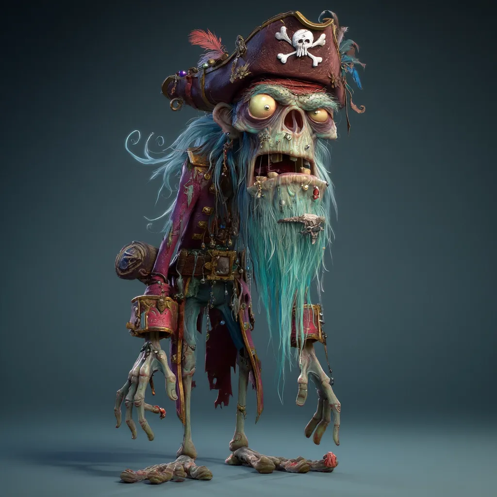 A digitally rendered image showcases a whimsical, undead pirate.  The character is a zombified creature with teal hair, decaying flesh, and a tattered red pirate coat adorned with gold accents. He wears a skull and crossbones pirate hat and holds a small, possibly jeweled, object. The style is cartoonish yet detailed, highlighting the textures of the decaying flesh and the ornate clothing.  The background is a muted teal, emphasizing the figure.