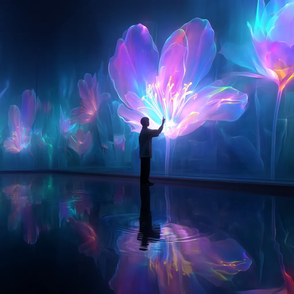 A person stands before a large, immersive digital art installation.  The artwork depicts a field of luminous, translucent flowers in shades of purple, blue, and pink, glowing with an ethereal light. The flowers are depicted with great detail, their petals seemingly floating in space. The scene is reflected on a dark, still pool of water at the base of the artwork, creating a mesmerizing, dreamlike atmosphere.