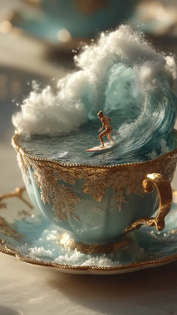 A miniature surfer rides a wave crashing inside an ornate, teal teacup.  The wave's foam is realistically rendered, contrasting with the delicate gold detailing on the cup and saucer.  The scene is surreal and whimsical, combining elements of nature and fine china in a captivating composition.  Sunlight highlights the scene, emphasizing the textures and details.
