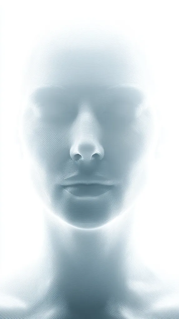 The image shows a stylized, three-dimensional rendering of a human face.  The face is serene and features are subtly defined, appearing almost ethereal.  The light blue tones and the textured, layered appearance create a sense of both fragility and technological precision. The overall effect is minimalist and somewhat abstract, hinting at themes of identity and artificial intelligence.