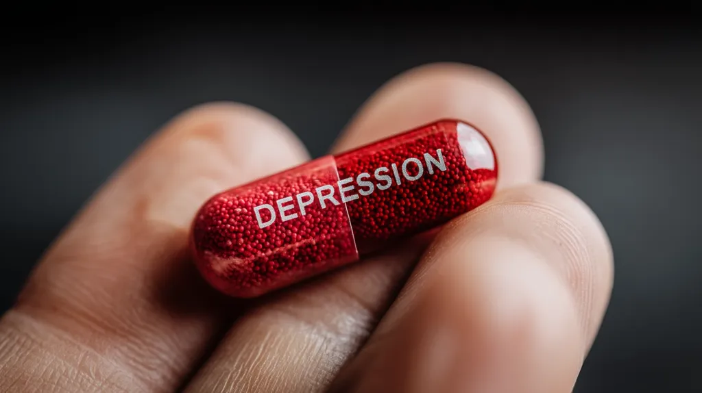 Close-up view of a hand gently holding a large red capsule.  The word "DEPRESSION" is clearly visible on the capsule's surface. The image's dark background and focus on the pill create a somber and serious mood, suggesting a visual representation of medication for mental health.