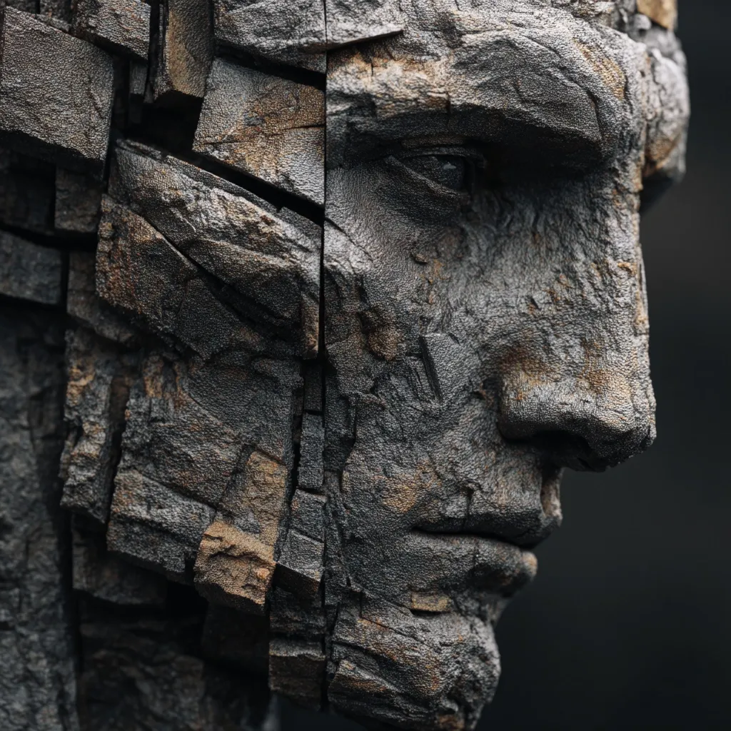 A close-up profile view of a stone sculpture depicting a man's face.  The face is fragmented, appearing as if composed of rough, dark grey and brown stone blocks fitted together.  The texture is highly detailed, emphasizing the rugged and weathered appearance.  The man's expression is serious and contemplative, his gaze directed away from the viewer. The dark background enhances the sculpture's dramatic effect.