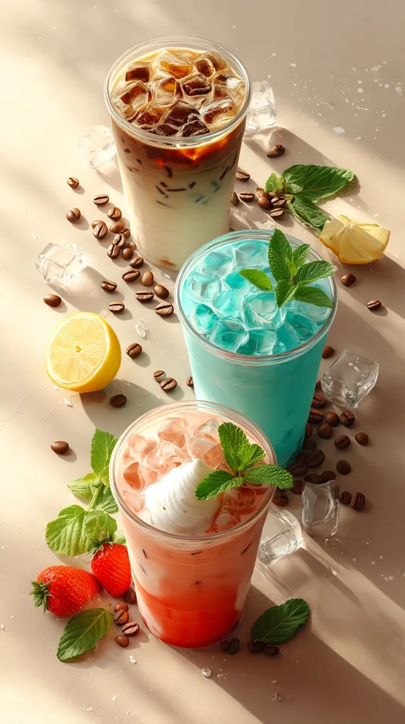 Three iced beverages are artfully arranged on a beige surface.  A layered iced coffee sits atop, followed by a vibrant blue iced drink garnished with mint, and finally a strawberry-colored iced beverage topped with whipped cream and mint.  Coffee beans, ice cubes, lemon slices, and strawberries surround the drinks, enhancing the visually appealing presentation.  Sunlight casts shadows, adding depth to the image.