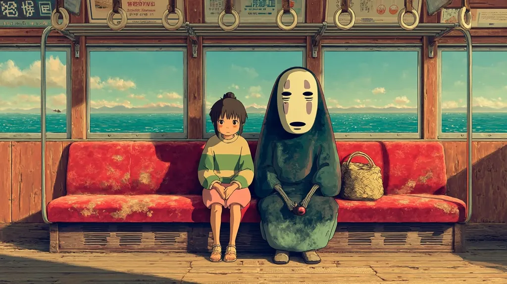 A still from the animated film Spirited Away depicts Chihiro and the No-Face spirit seated on a worn red bench aboard a train.  Large windows offer a view of a tranquil ocean and distant coastline. The train's interior is rustic and sunlit, highlighting the characters' quiet companionship against the scenic backdrop.  Chihiro's simple clothing and No-Face's enigmatic mask add to the film's mystical atmosphere.
