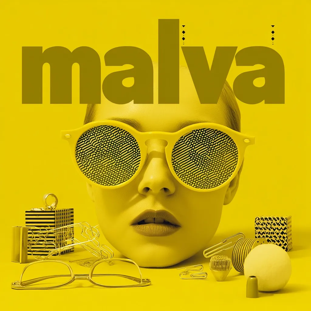 A monochromatic yellow image features a woman's face, partially obscured by large, patterned sunglasses.  The word "malva" is boldly displayed above.  Surrounding the face are various small yellow and black geometric objects, including paper clips, glasses, and small boxes, creating a visually striking and stylized composition.