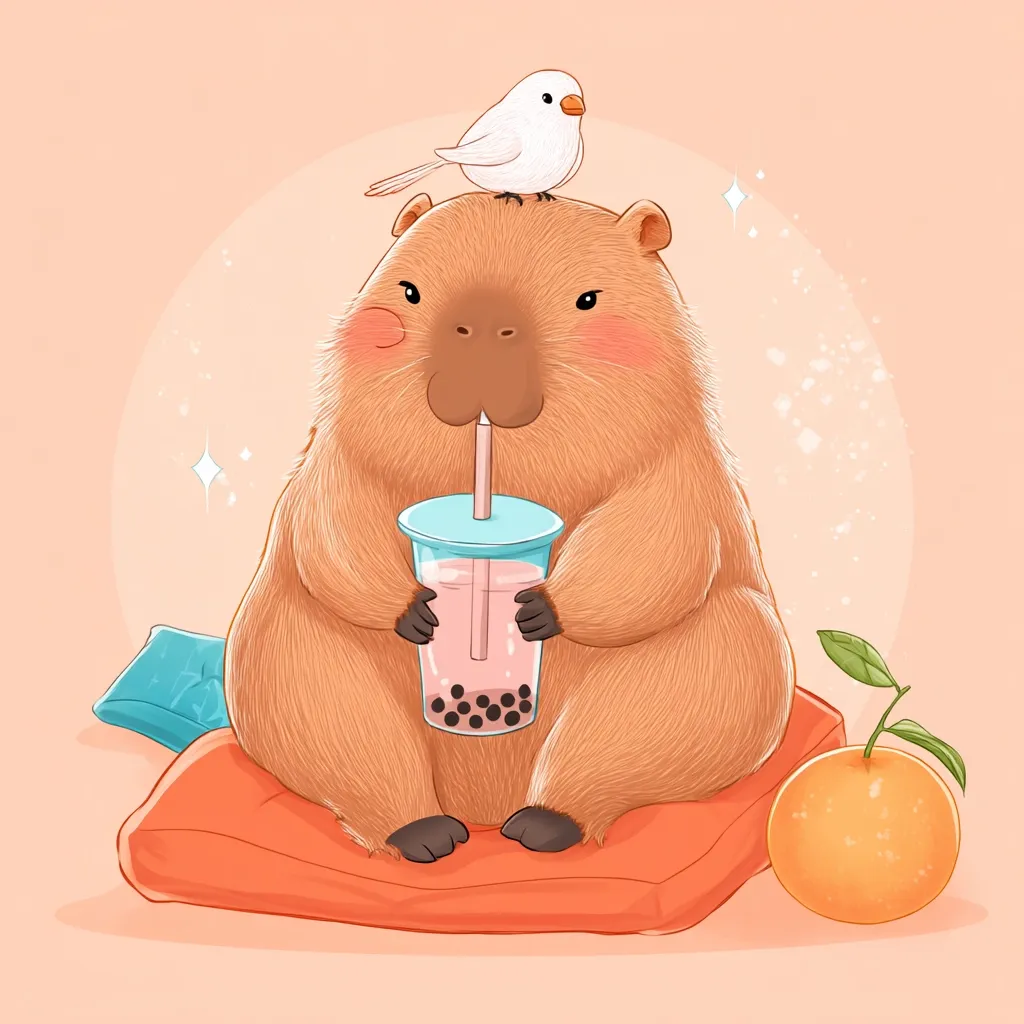 An adorable capybara sits on an orange cushion, contentedly holding a boba tea.  A small white bird perches on its head.  The scene is set against a soft peach background, with a hint of sparkle and a nearby orange adding to the charming, whimsical illustration. The capybara's fluffy fur and relaxed posture convey a sense of peace and contentment.