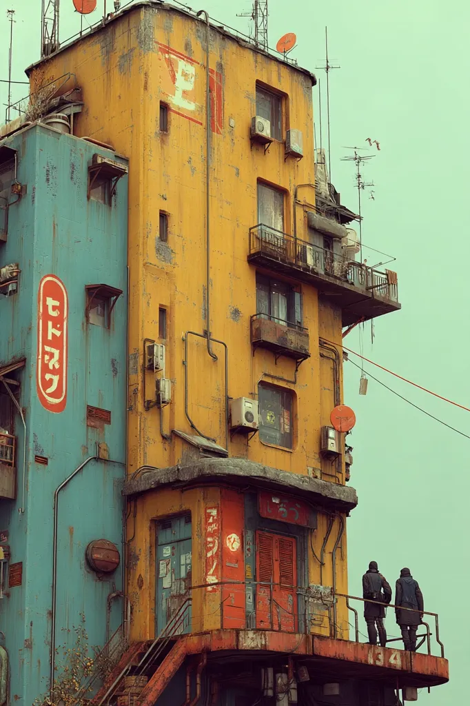 A weathered, multi-story building, predominantly yellow and teal, stands against a muted sky.  Its aged facade is adorned with Japanese signage, satellite dishes, and exposed wiring.  Balconies and small additions suggest a layered history.  Two figures in dark coats stand on a rusty platform overlooking a street below, adding a sense of scale and quiet observation to the scene's cyberpunk aesthetic.  The image evokes a feeling of aged urban density and intricate detail.