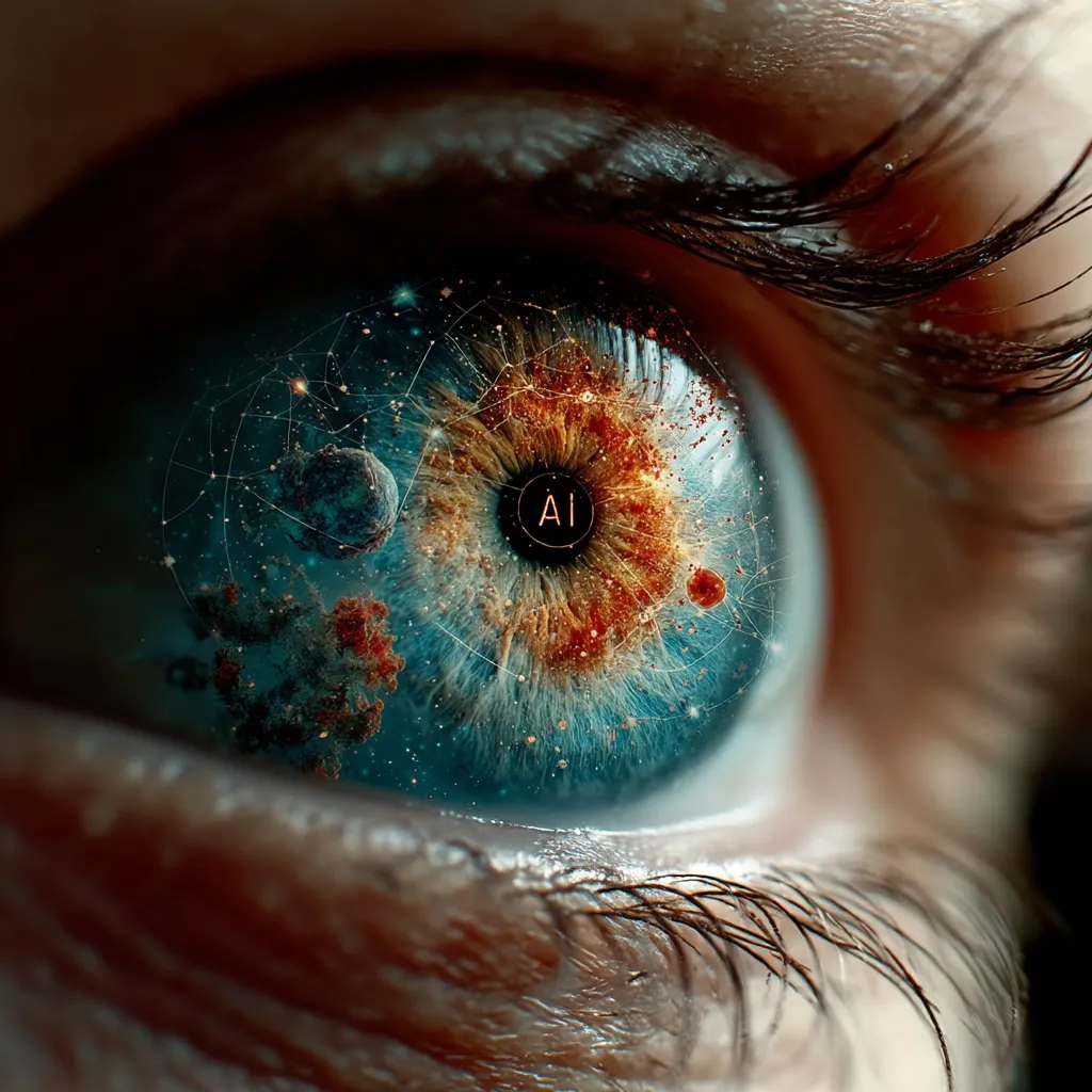 A close-up of a human eye, its iris reflecting a vibrant cosmos.  Within the intricate detail, a network of connections and celestial bodies are visible, with a central "AI" emblem.  The image blends organic and technological elements, suggesting a fusion of human consciousness and artificial intelligence.  The overall effect is surreal and visually striking.