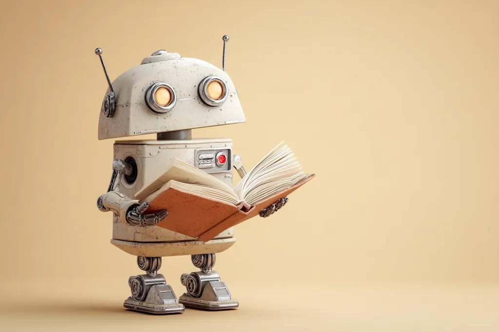 A vintage-style robot, cream-colored with metallic accents, stands against a pale beige background.  It holds an open book, its mechanical hands gently cradling the pages. The robot's design suggests a retro aesthetic, with visible gears and a simple, expressive face. The scene evokes a sense of curiosity and the potential for artificial intelligence to engage with human knowledge.