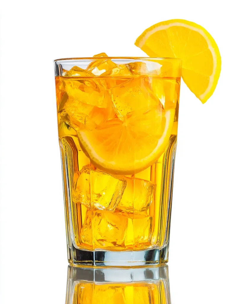 A refreshing glass of iced tea is shown, garnished with a lemon wedge.  The amber liquid is filled with ice cubes, and a second, larger lemon slice rests partially submerged within the drink. The glass is clear and tumblershaped, sitting on a reflective surface against a white background. The overall image is bright and evokes a feeling of summer refreshment.
