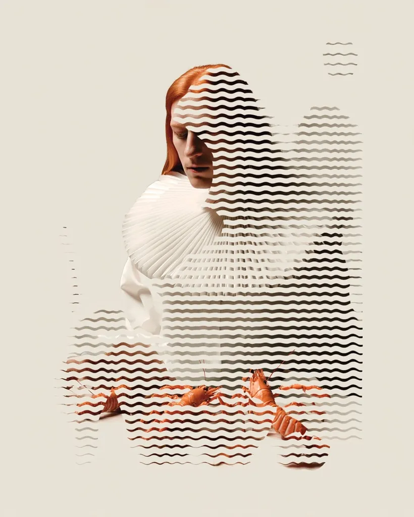 A stylized image features a red-haired person wearing a large, pleated white collar.  The figure is partially obscured by a wavy, patterned overlay, creating an abstract effect.  Several cooked crayfish are situated at the base of the image, also partially hidden by the pattern. The overall aesthetic is minimalist and somewhat surreal.