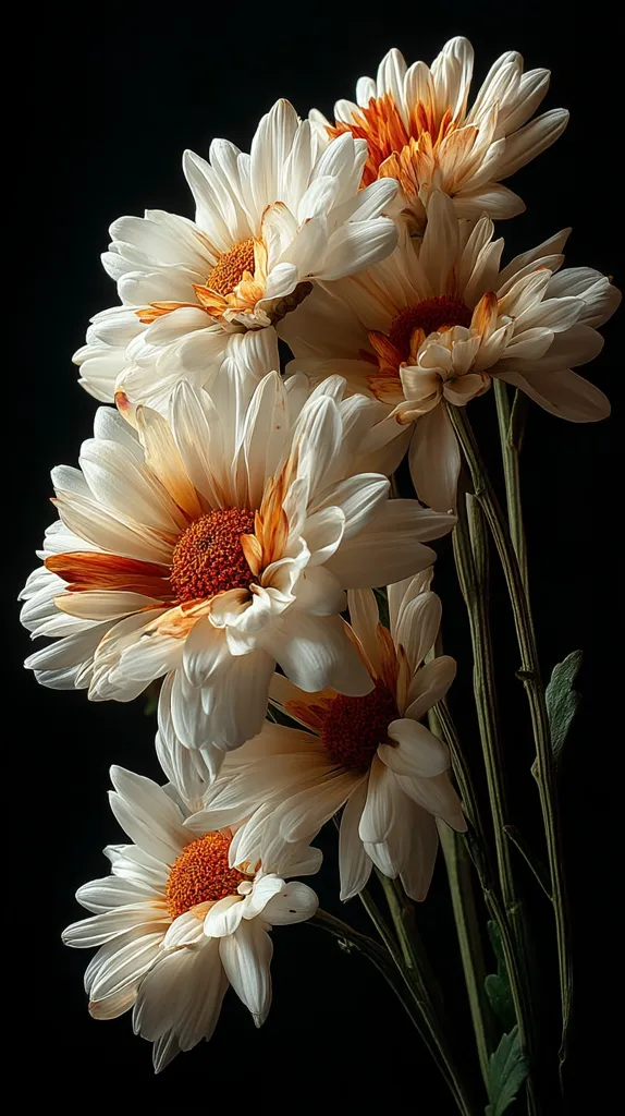 A close-up shot reveals a cluster of delicate white chrysanthemums against a stark black backdrop.  The flowers, subtly tinged with warm orange at their centers, are artfully arranged, showcasing their intricate petal structure and vibrant hues. The dark background emphasizes the flowers' beauty, creating a striking contrast and highlighting their subtle details.  The stems and leaves are visible, adding to the overall natural composition.