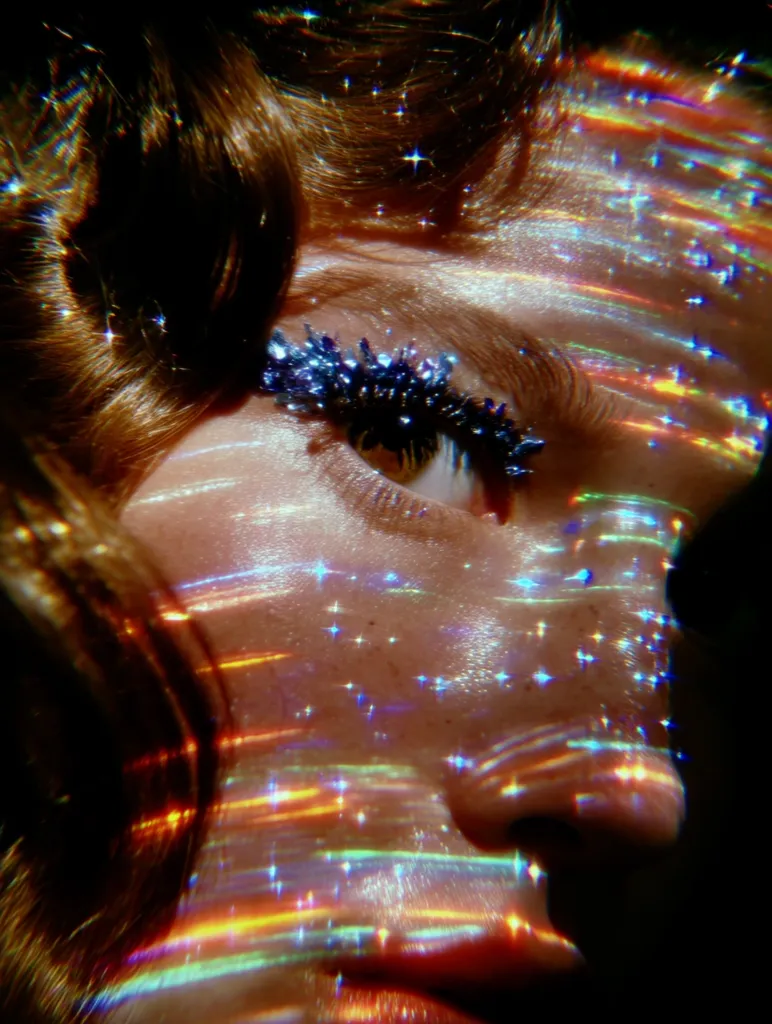 Close-up of a woman's face adorned with sparkling makeup, particularly noticeable on her eyelashes.  Her reddish-brown hair frames her face.  Rainbow-colored light streaks across her skin, creating a dreamy, ethereal effect, punctuated by glittering sparkles that mimic stars. The overall image is vibrant and fantastical.