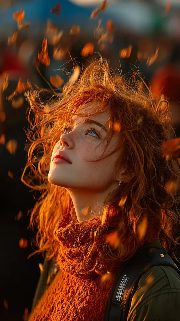 A young woman with vibrant red hair and freckles looks upward, bathed in golden light.  Falling autumn leaves surround her, creating a magical, whimsical atmosphere.  She wears a textured, burnt orange turtleneck sweater and a dark jacket.  The image evokes a feeling of warmth and autumnal beauty.