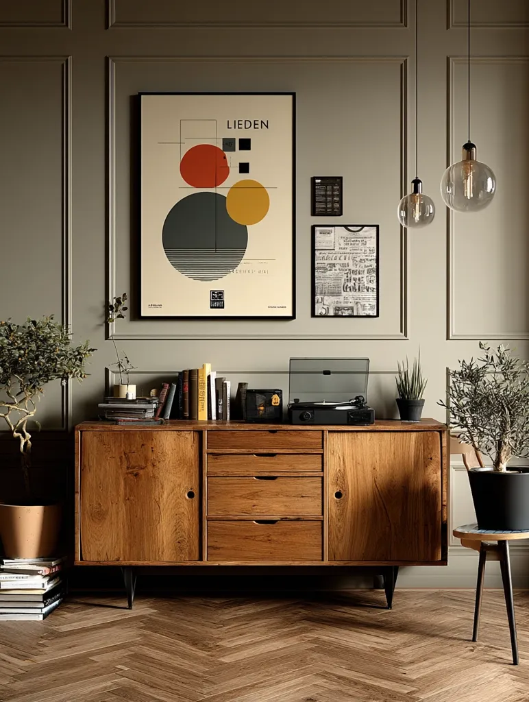 A mid-century modern styled room features a rich wood sideboard holding books and a record player.  Above, a geometric abstract print hangs alongside framed newspaper clippings and a smaller print.  Two globe pendant lights illuminate the space, complemented by potted olive trees and a stack of books on the floor.  The herringbone wood flooring completes the warm and stylish aesthetic.