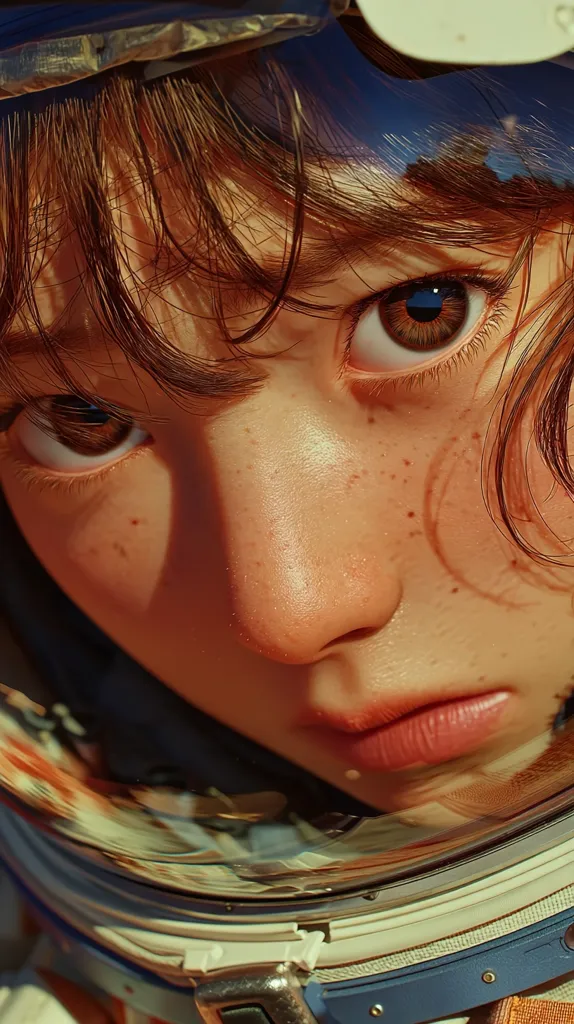 Close-up of a young woman's face, partially obscured by an astronaut helmet.  Her brown eyes are prominent, and her skin has freckles.  The helmet's visor reflects a blurred, possibly extraterrestrial, landscape. The image has a warm, sunlit tone, creating a dreamy, almost surreal atmosphere.  The focus is sharp on her eyes and features, highlighting the detail of the digital art.