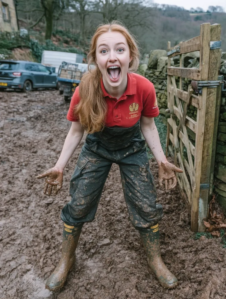 A young woman with long red hair beams, covered head-to-toe in mud.  She wears a red polo shirt, muddy work overalls, and well-worn rubber boots.  Her joyful expression contrasts with the muddy farmyard setting, suggesting a fun, hardworking day outdoors.  A rustic wooden gate is visible in the background.