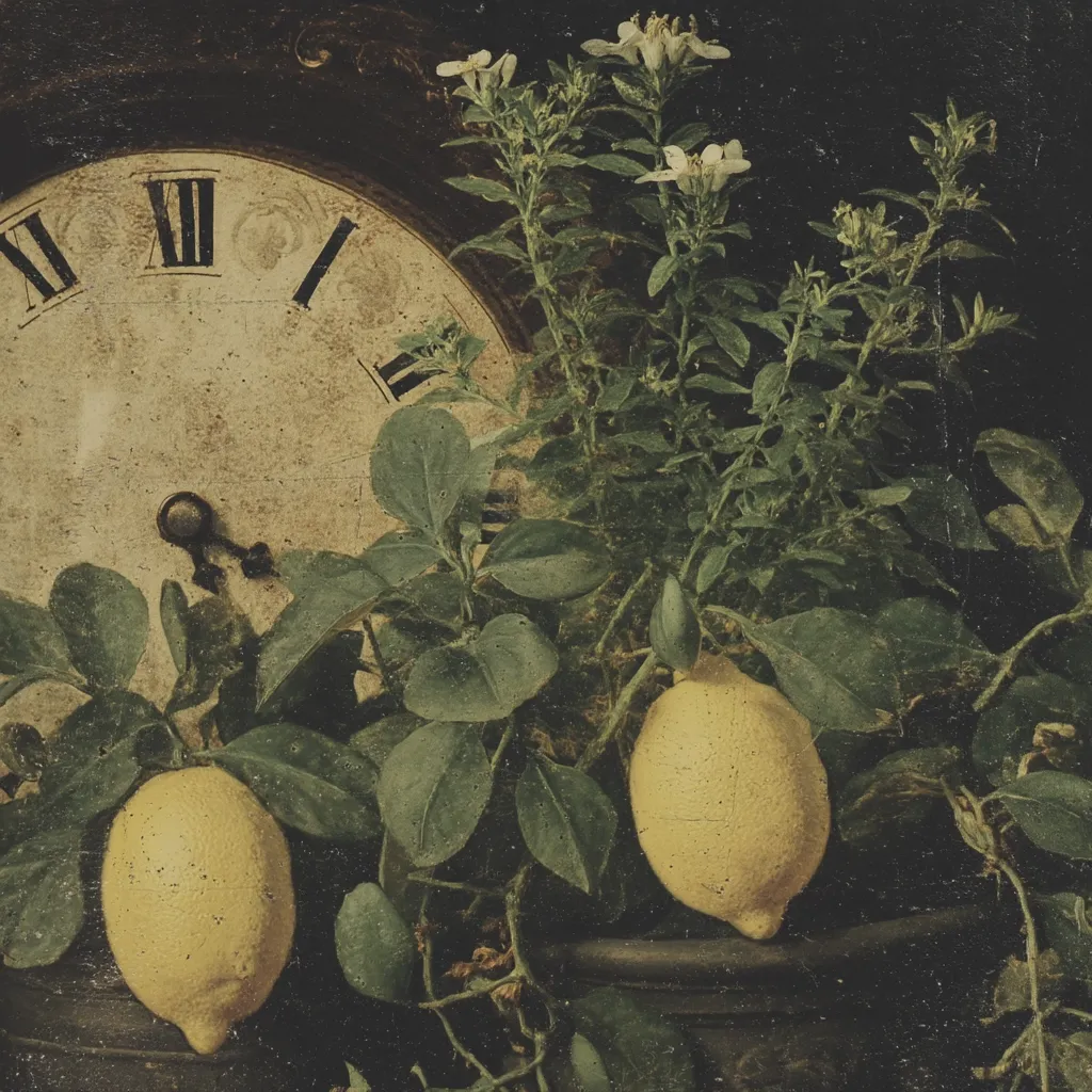 A still life composition features an antique clock face partially obscured by lush greenery.  Two ripe lemons hang from a lemon plant nestled amongst the foliage.  White flowers bloom near the top, adding a touch of delicate contrast against the dark background.  The overall mood is one of quiet contemplation, suggesting the passage of time and the beauty of nature. The image is styled with a vintage, textured effect.