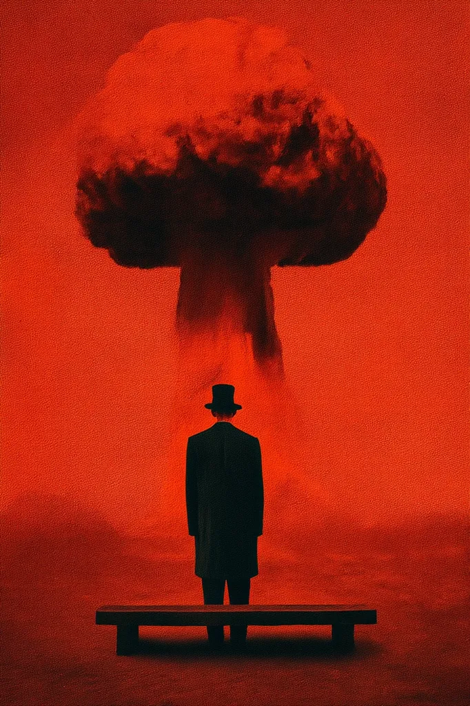A man in a top hat and overcoat stands with his back to the viewer, facing a large, red mushroom cloud in the style of a surrealist painting. He stands on a simple bench against a fiery red backdrop, the scene conveying a sense of impending doom or apocalyptic contemplation. The overall tone is ominous and symbolic.