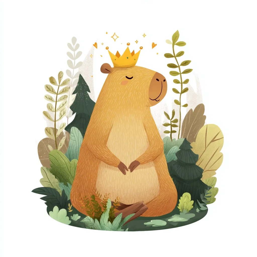 A charming illustration depicts a capybara, crowned with a golden crown, serenely seated amidst a vibrant array of foliage.  Small hearts and stars float above, enhancing the regal and peaceful ambiance. The capybara's soft fur and calm posture create a whimsical and endearing image, set against a simple white background. The style is reminiscent of children's book illustrations.