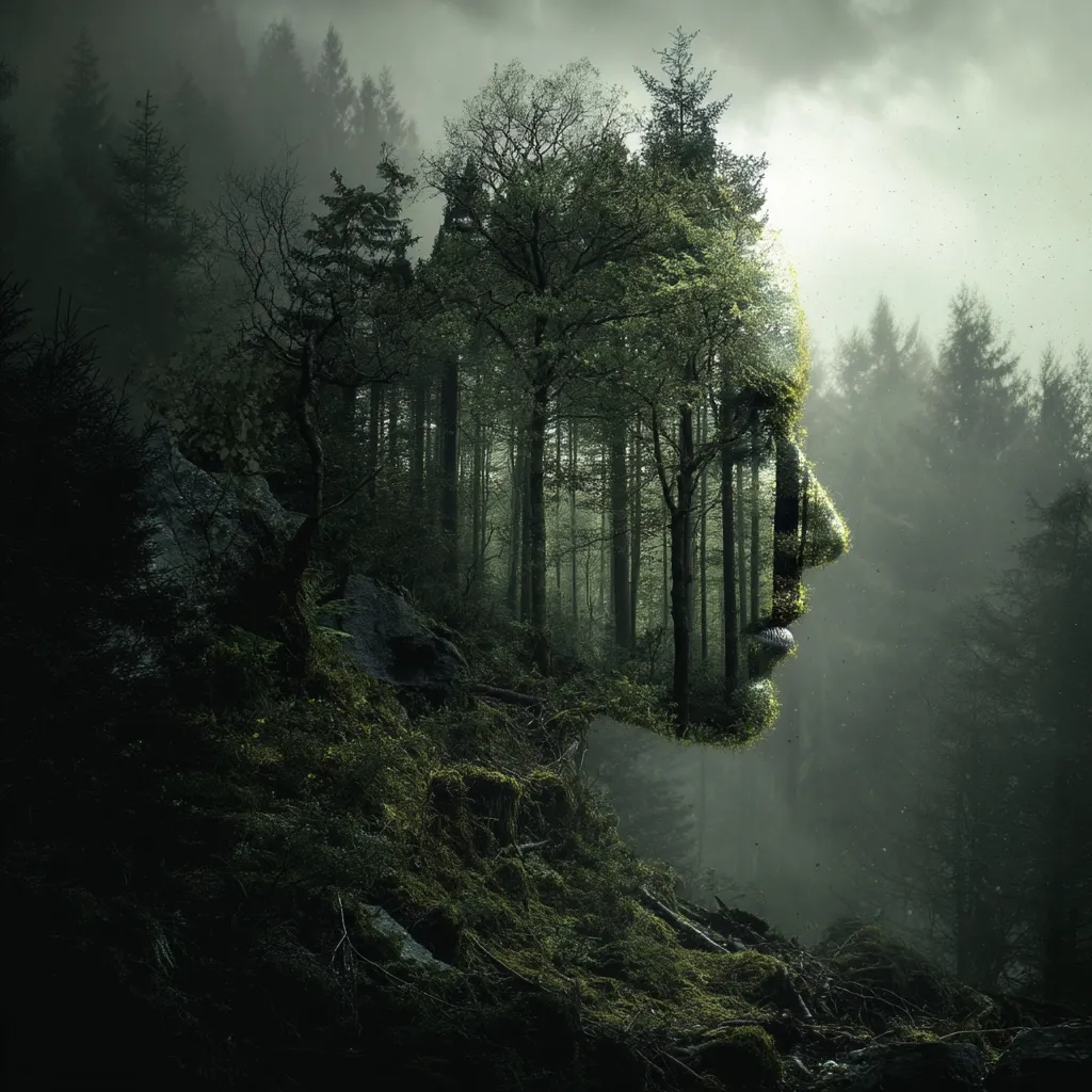 A surreal image depicts a woman's face subtly formed by a lush, misty forest.  Trees and foliage compose her features, creating a harmonious blend of nature and human form.  The overall atmosphere is dark and moody, suggesting a connection between humanity and the environment. The scene is serene yet slightly mysterious, inviting contemplation on the interconnectedness of life.