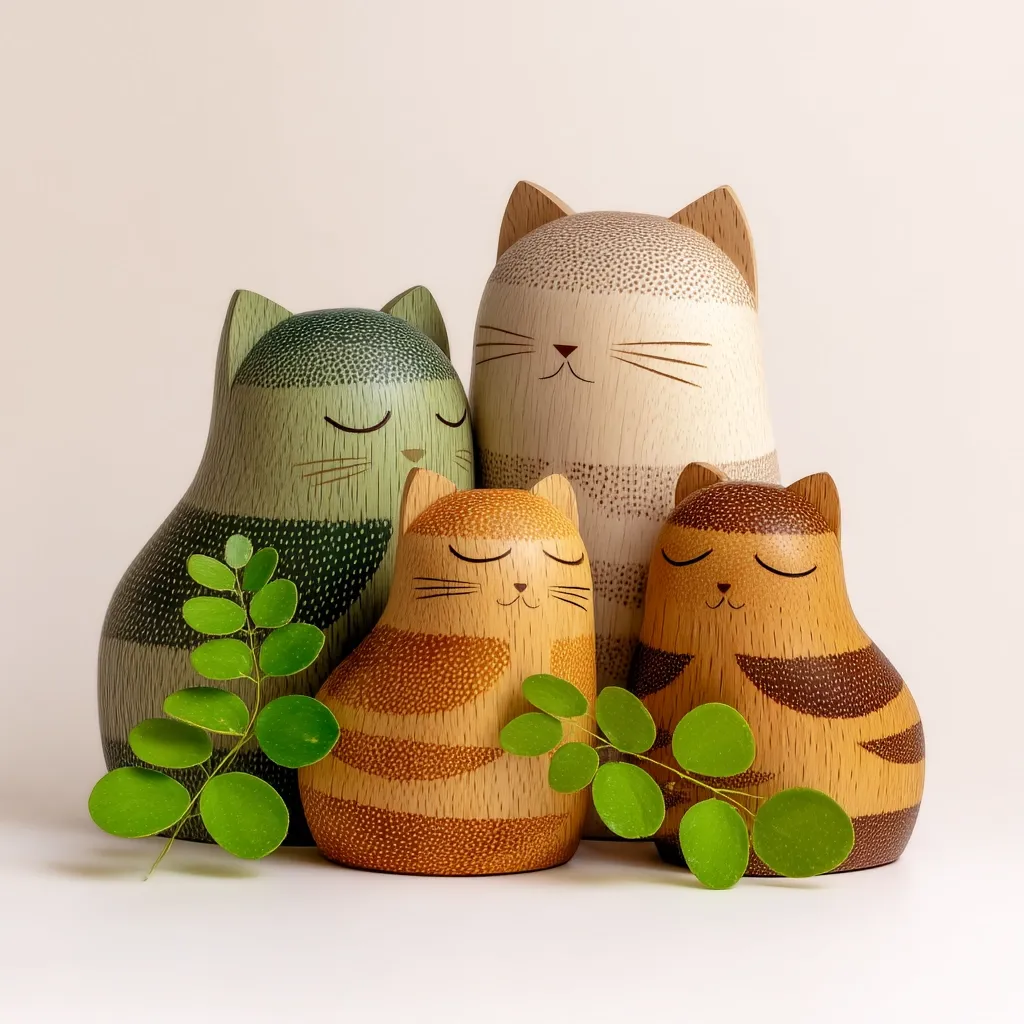 Four charming wooden cat figurines are arranged together, nestled amongst vibrant green foliage.  The cats, each uniquely colored in muted greens, browns, and beige, feature simplistic, serene expressions with closed eyes.  Their striped bodies and dotted textures add to their handcrafted appeal, creating a peaceful and aesthetically pleasing scene.